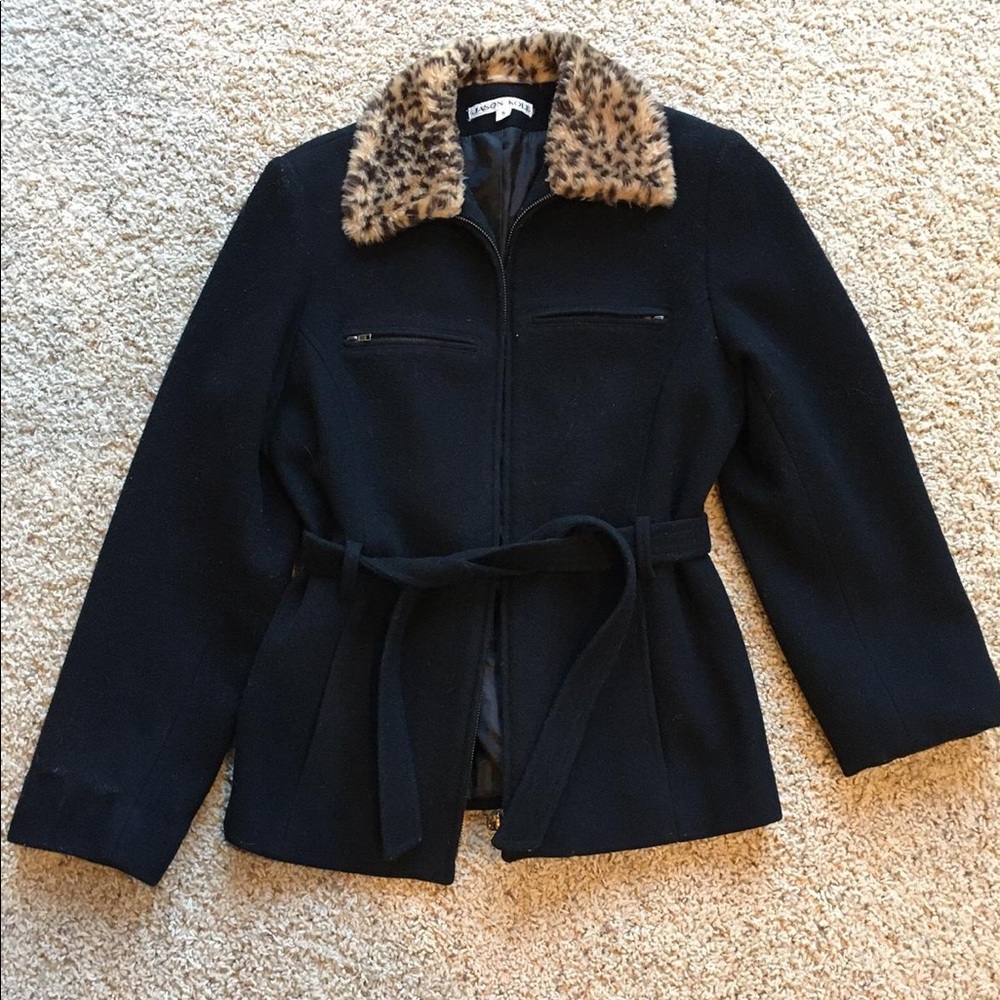 Black wool coat with leopard print collar